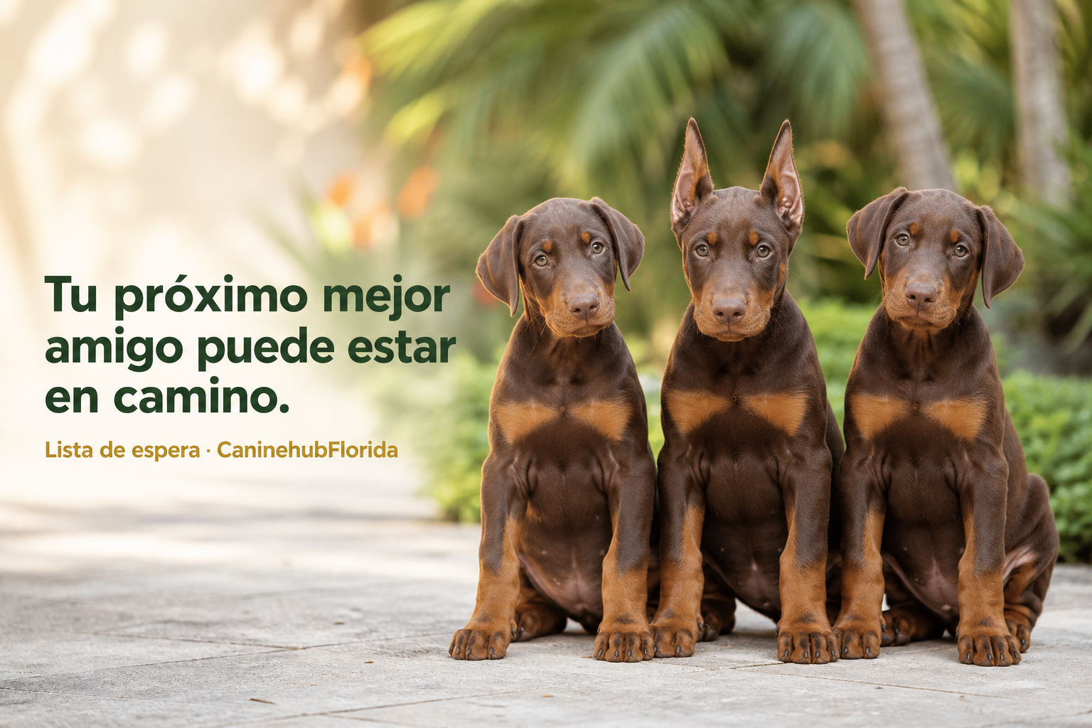 Imagen ilustrativa de tres Doberman rojos entre palmeras